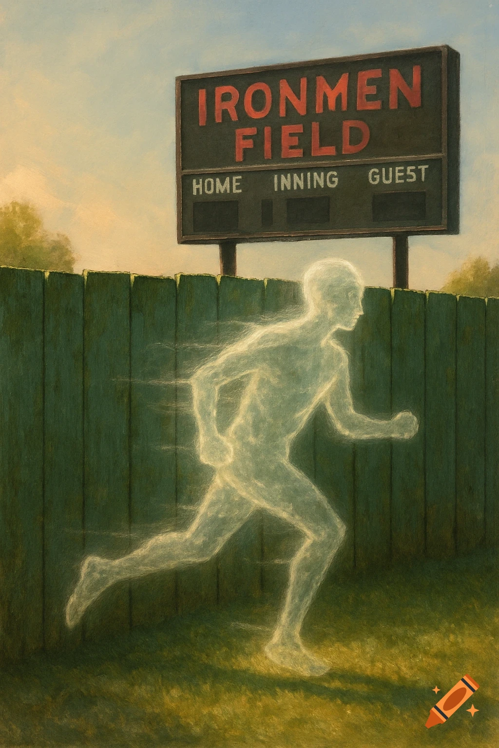 A translucent, glowing figure runs through a green wooden fence at a baseball field under a scoreboard that reads 'IRONMEN FIELD'.