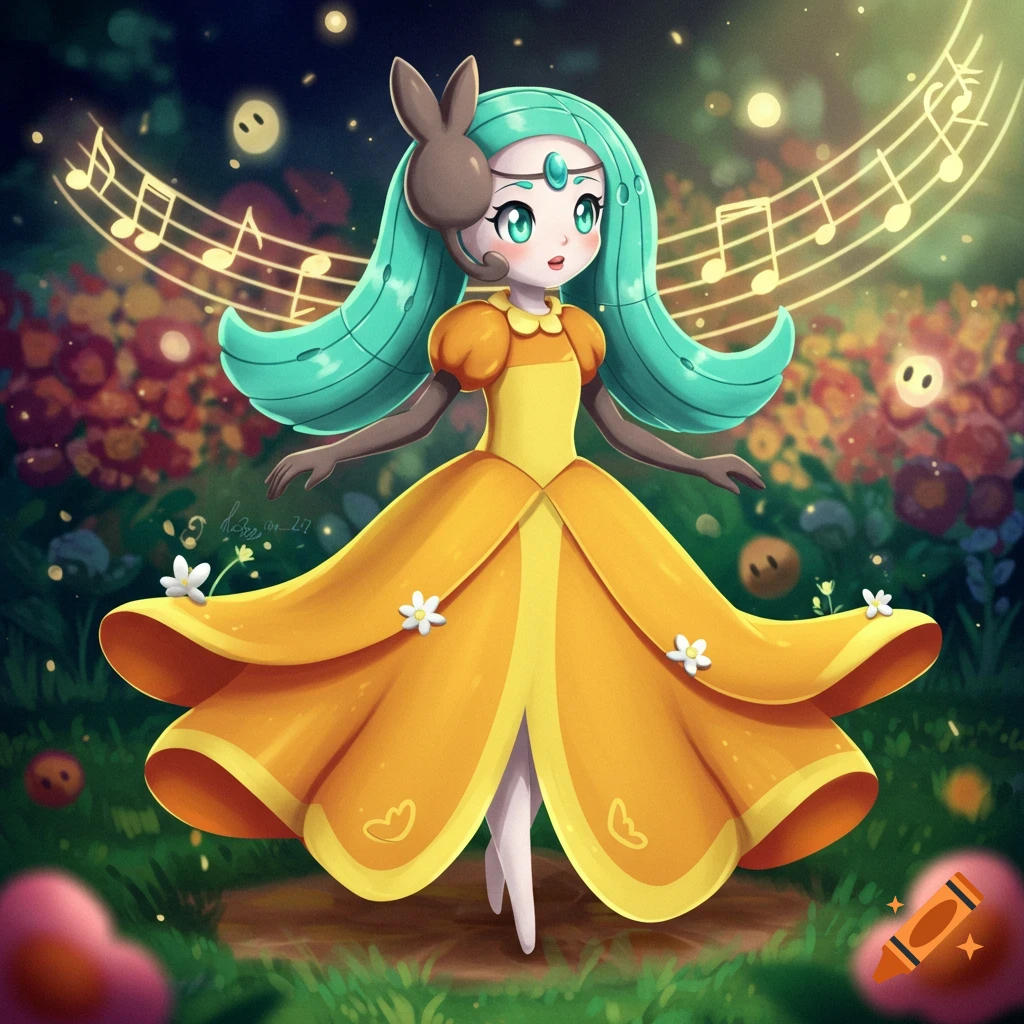 An anime character with turquoise hair and a yellow dress stands in a magical forest with glowing musical notes surrounding her.