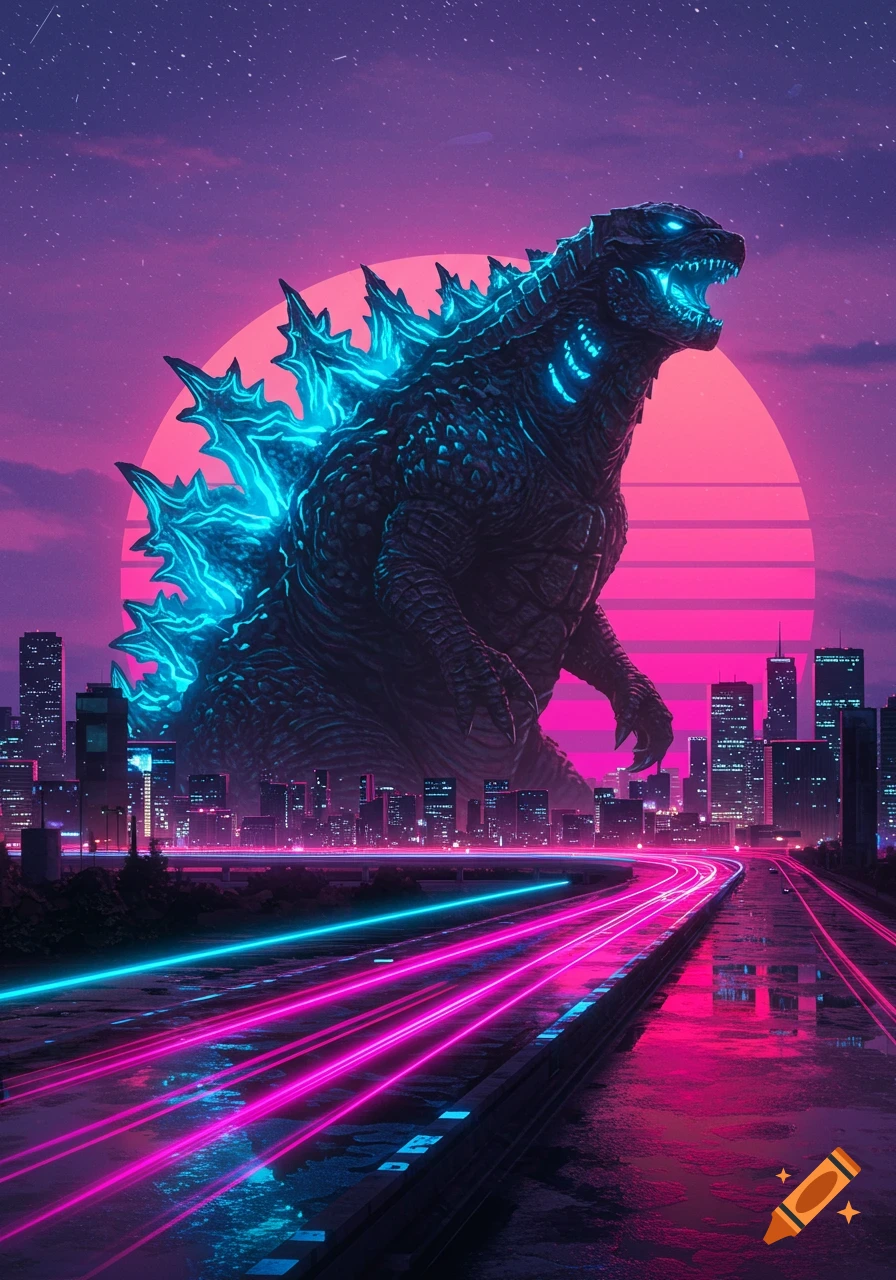 Godzilla with neon blue glowing spikes stands over a synthwave city with pink and blue light trails on a highway at sunset.
