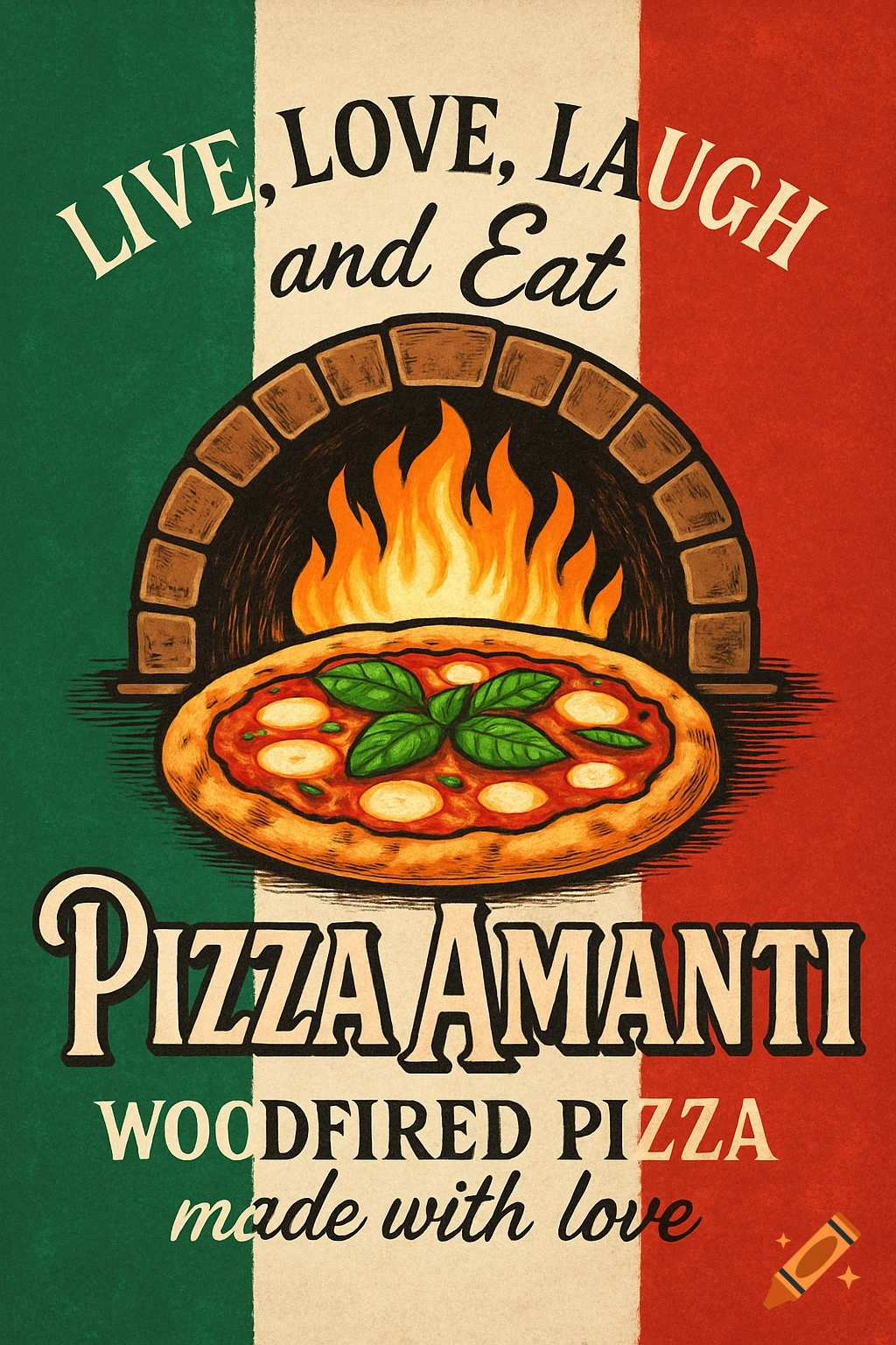 Vintage-style Italian pizzeria poster with a wood-fired oven, pizza, and text "Live, Love, Laugh and Eat Pizza Amanti, WOODFIRED PIZZA made with love" on an Italian flag background.