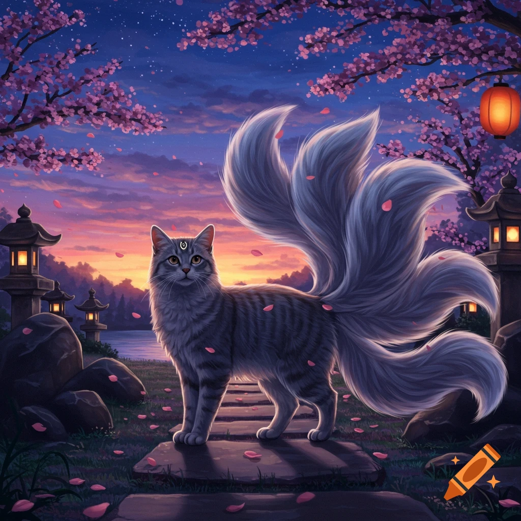 A gray tabby cat with seven fluffy tails stands on stone steps amidst fallen pink cherry blossoms, with Japanese lanterns and a lake at sunset.