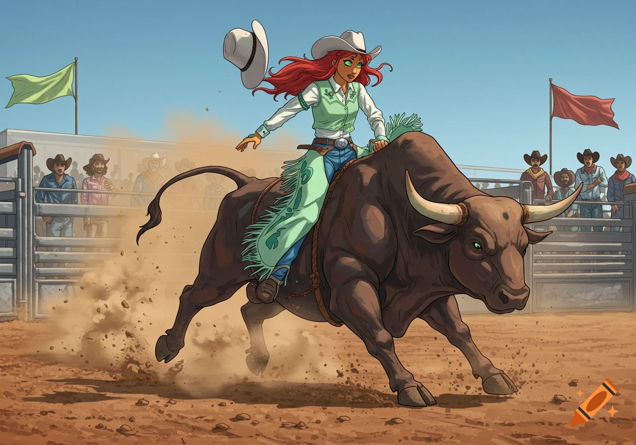 Starfire, wearing a cowboy hat, green vest, and chaps, rides a bucking bull in a rodeo arena. Spectators watch from behind a fence.