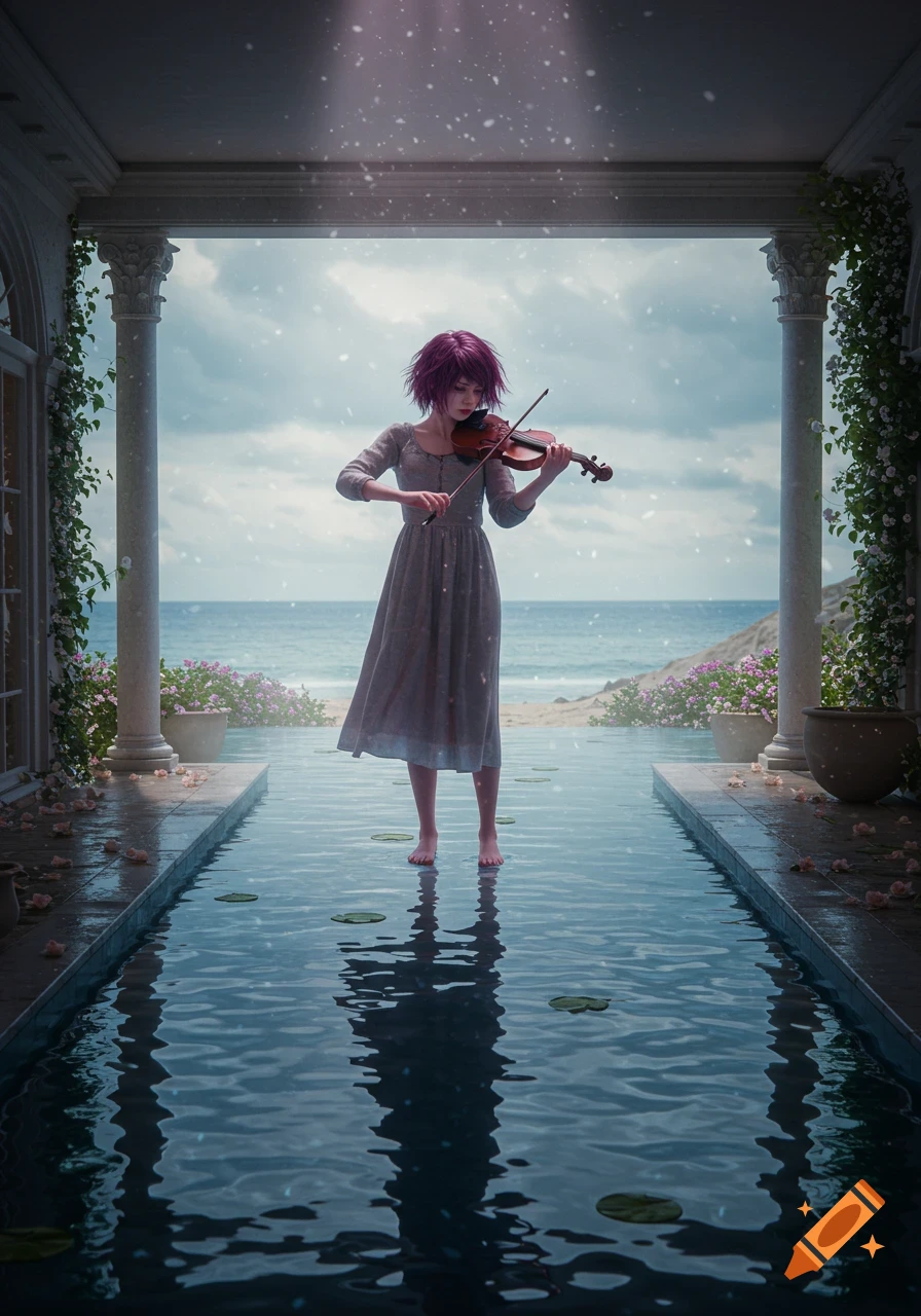 A woman with purple hair plays the violin while standing barefoot in a pool of water under a grand archway, overlooking a cloudy ocean coastline.