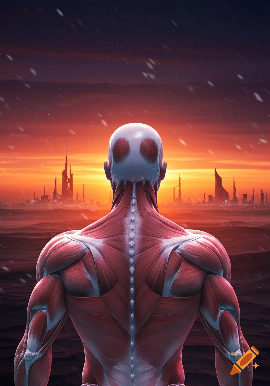 Rear view of a figure with exposed muscles and spine, looking out over a futuristic city at a vibrant sunset.