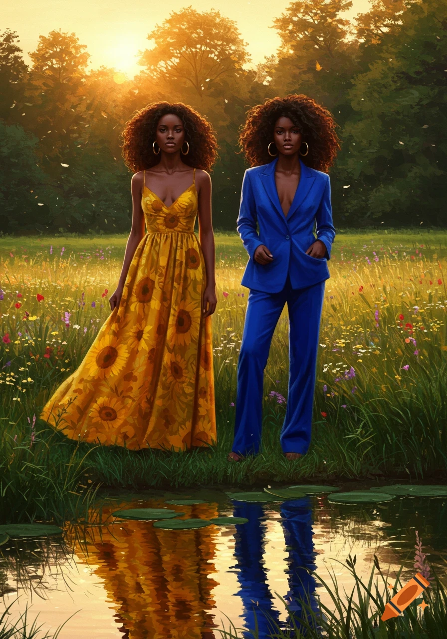 Two women, one in a yellow sunflower dress and one in a blue suit, stand in a sunlit wildflower field with a pond.