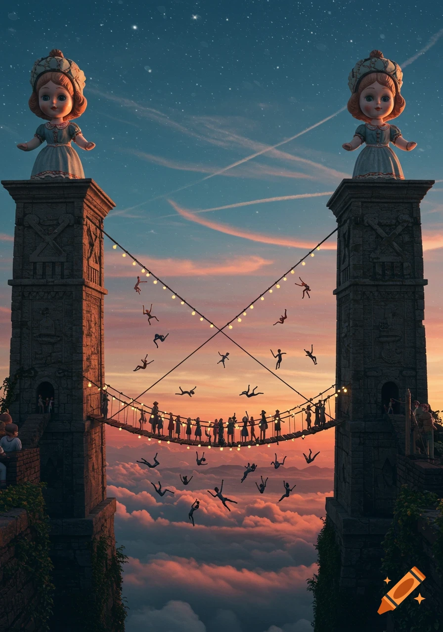 A surreal image of two tall towers topped with large dolls, connected by a string-lit bridge. Below, many small figures fall through clouds at sunset.