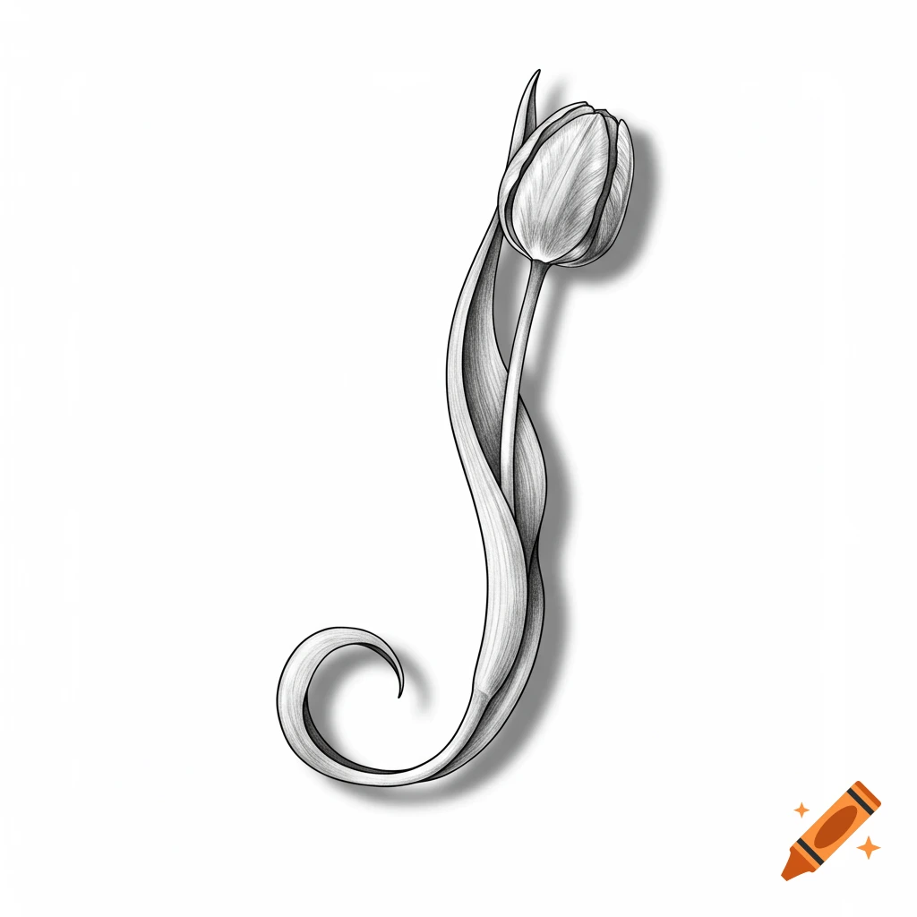 A black and white fine line drawing of a tulip, with its stem and leaves elegantly forming the letter 'J'.