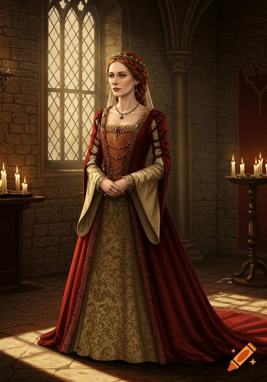 A woman in a detailed red and gold medieval gown stands in a stone castle room, bathed in sunlight from a large window.