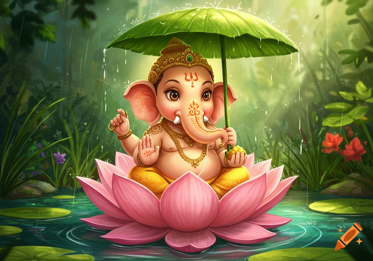 Cute Ganesha sitting on a pink lotus flower, holding a green leaf umbrella in the rain on water. Illustration.