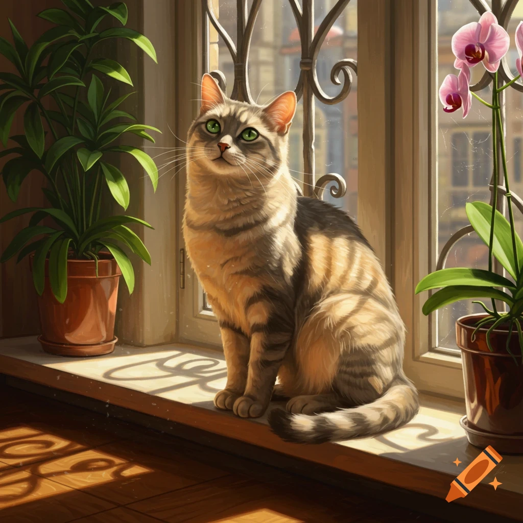 A tabby cat with green eyes sits on a sunlit windowsill next to potted plants, looking up. The window has ornate ironwork.