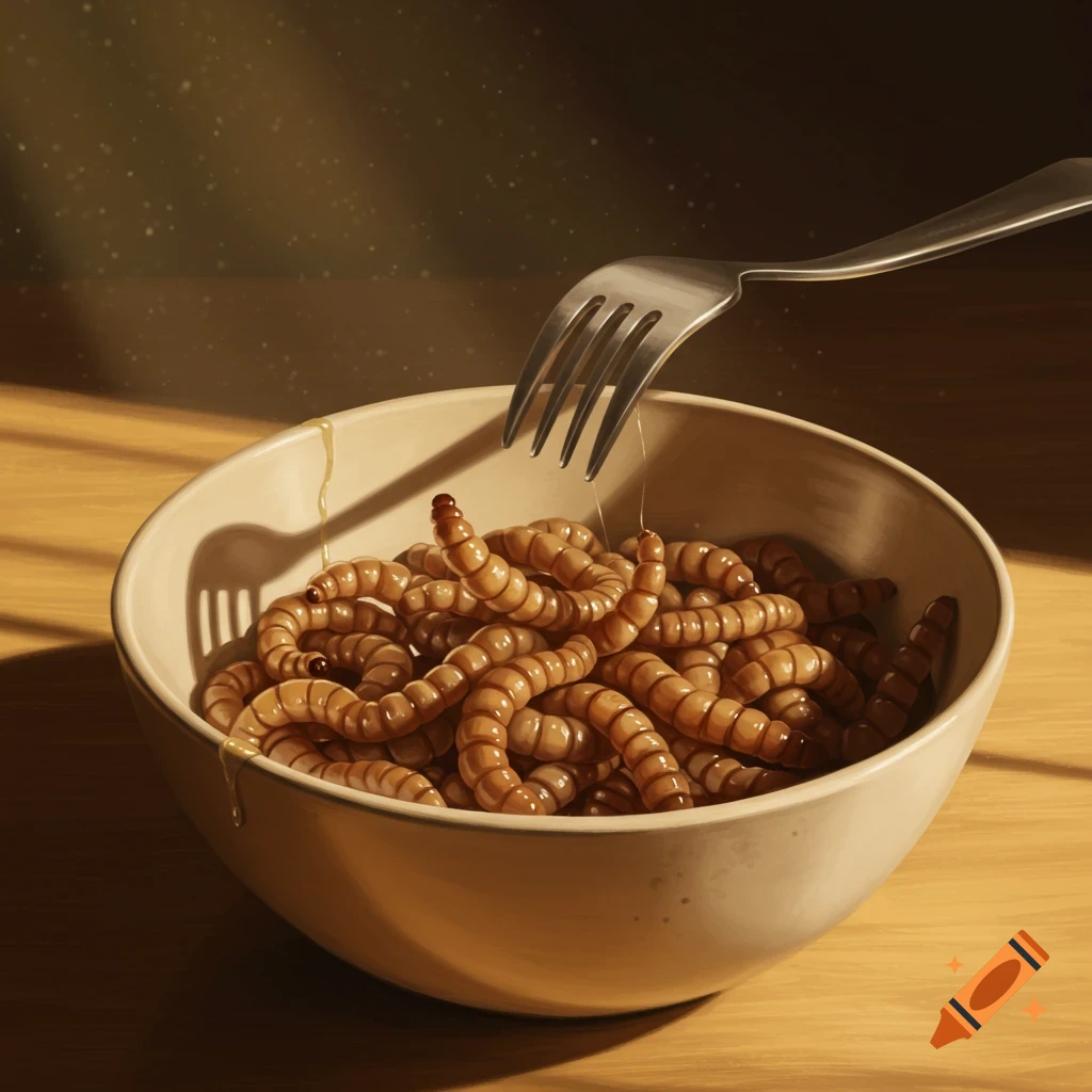 A close-up shot of a white bowl filled with cooked, plump mealworms, with a silver fork picking one up. Sunlight casts shadows.