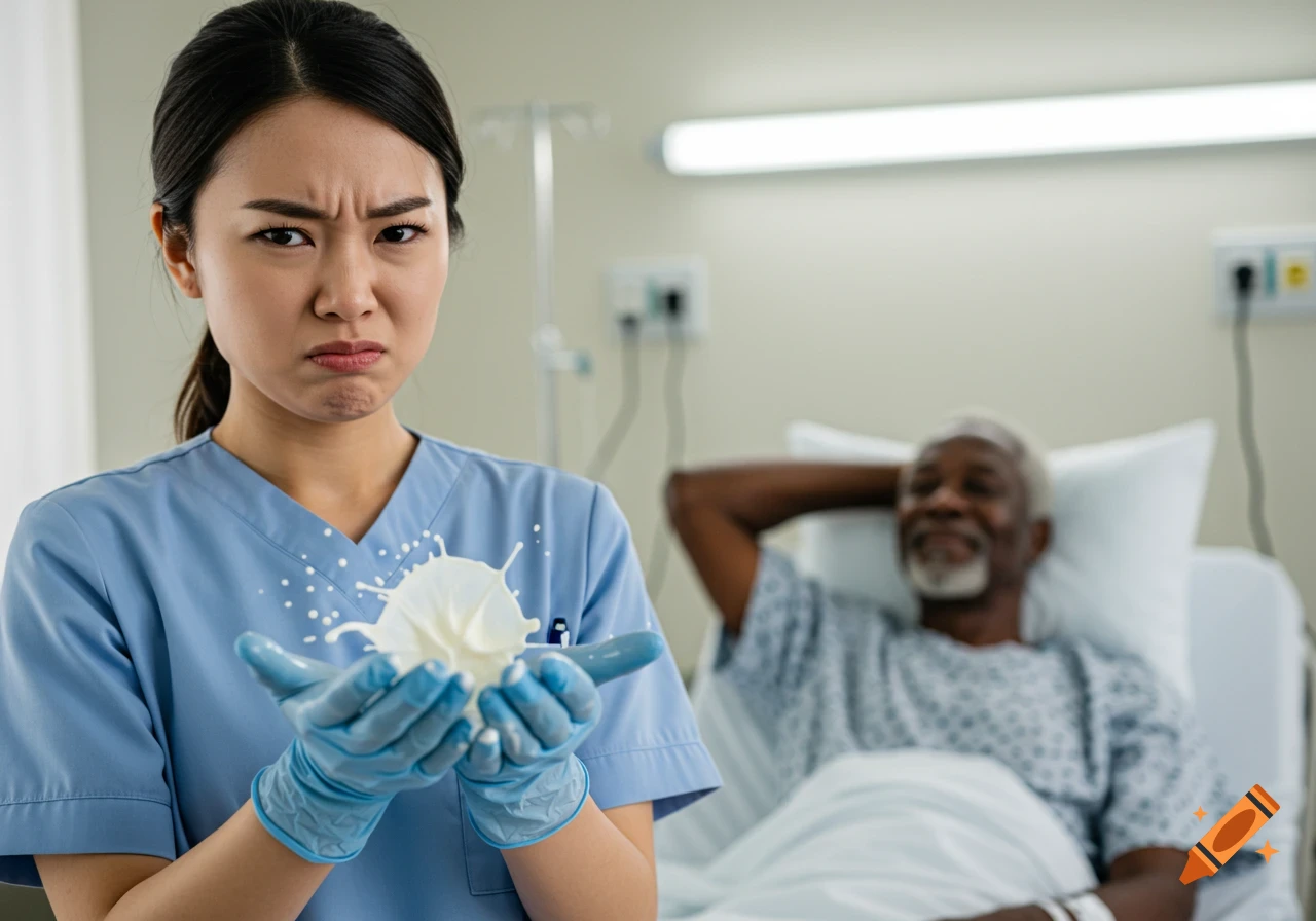 A disgusted young Asian nurse in blue scrubs and gloves holds her milk-covered hands, while an elderly patient smiles in a blurred hospital bed behind her.