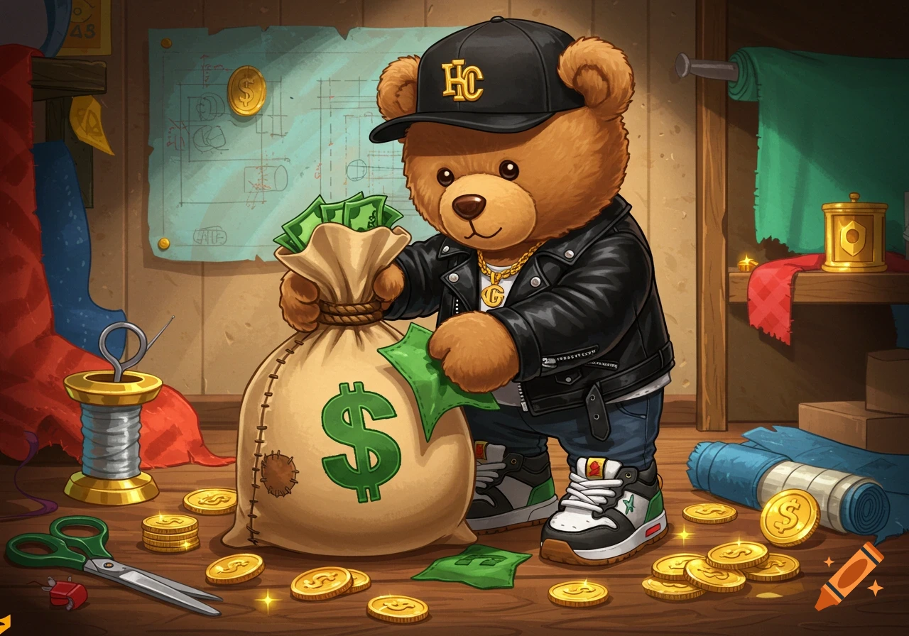 A cool cartoon teddy bear in a black leather jacket and baseball cap, holding a large bag overflowing with cash, surrounded by gold coins and dollar bills.