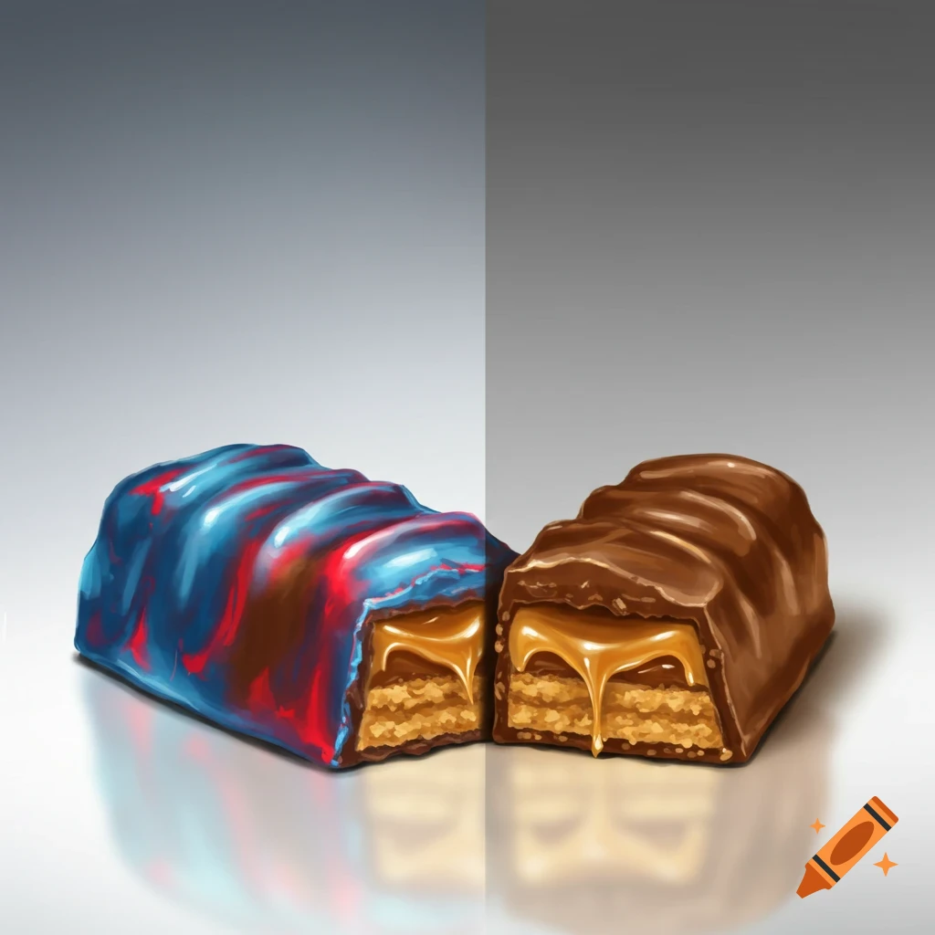 Two halves of a chocolate bar, one normal brown and the other with blue and red swirled coating, both showing caramel and wafer filling.