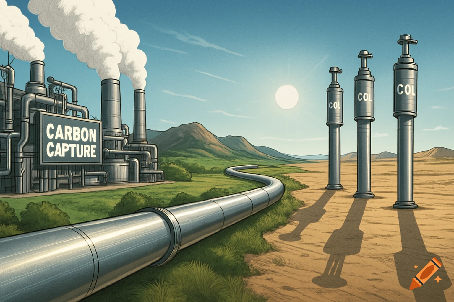 An illustration of a carbon capture and storage process, showing a power plant with smoking chimneys, a long pipeline, and three tall injection wells.