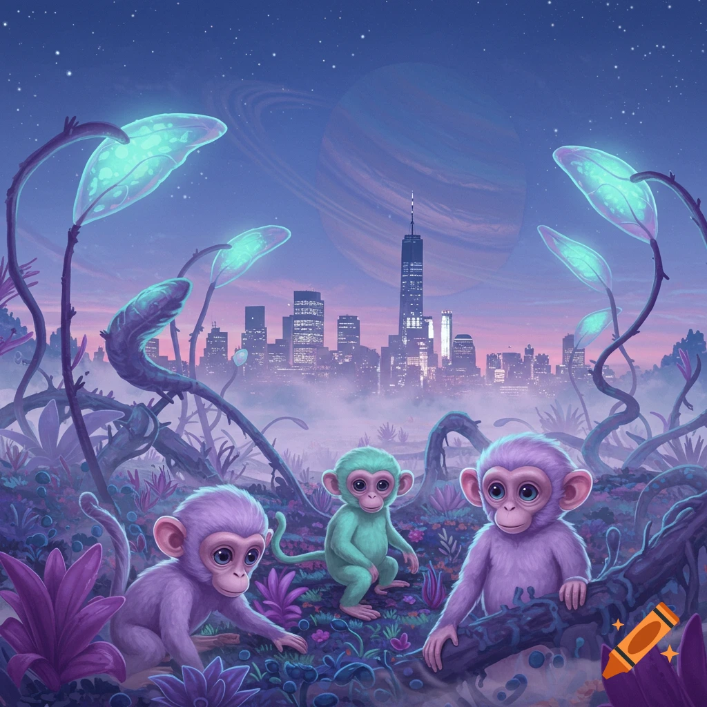 Three cute purple and green baby monkeys in a vibrant alien forest with glowing plants and a distant city skyline under a ringed planet, illustrative.