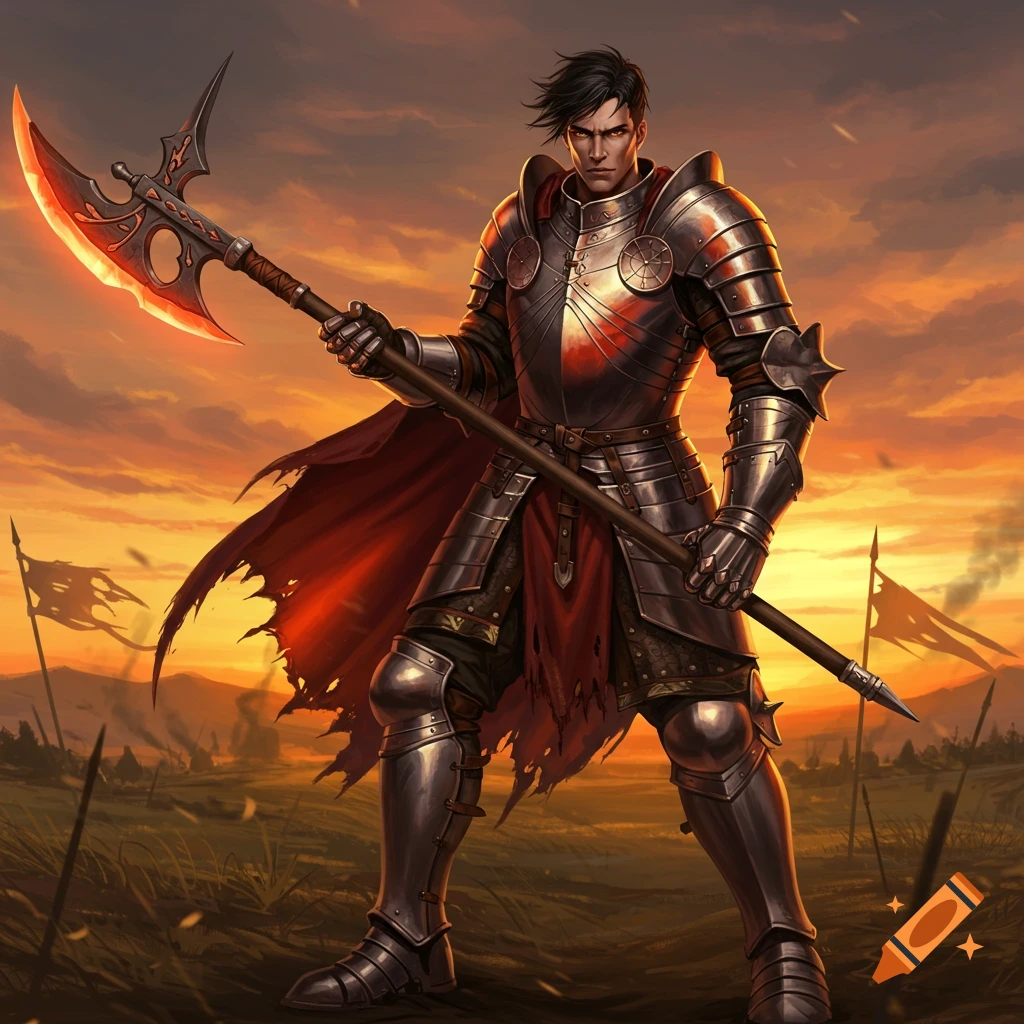 A warrior in full plate armor holding a glowing halberd stands on a battlefield at sunset.