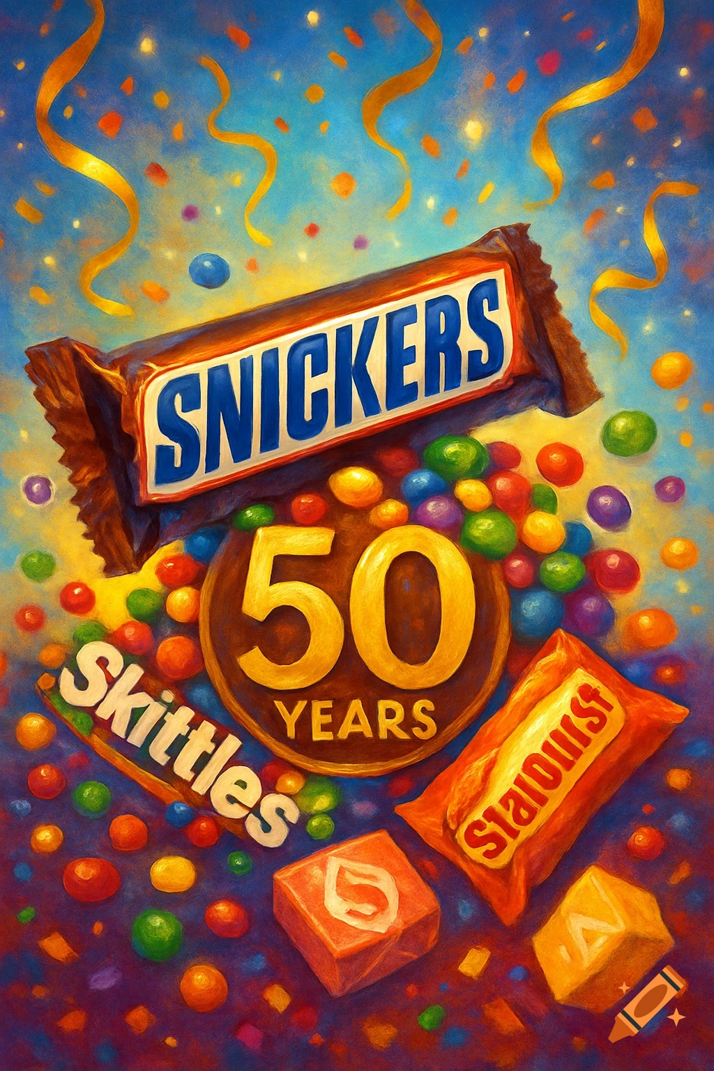A vibrant, painterly image celebrating 50 years with a Snickers bar, Skittles, Starburst, colorful candies, confetti, and gold ribbons against a blue background.