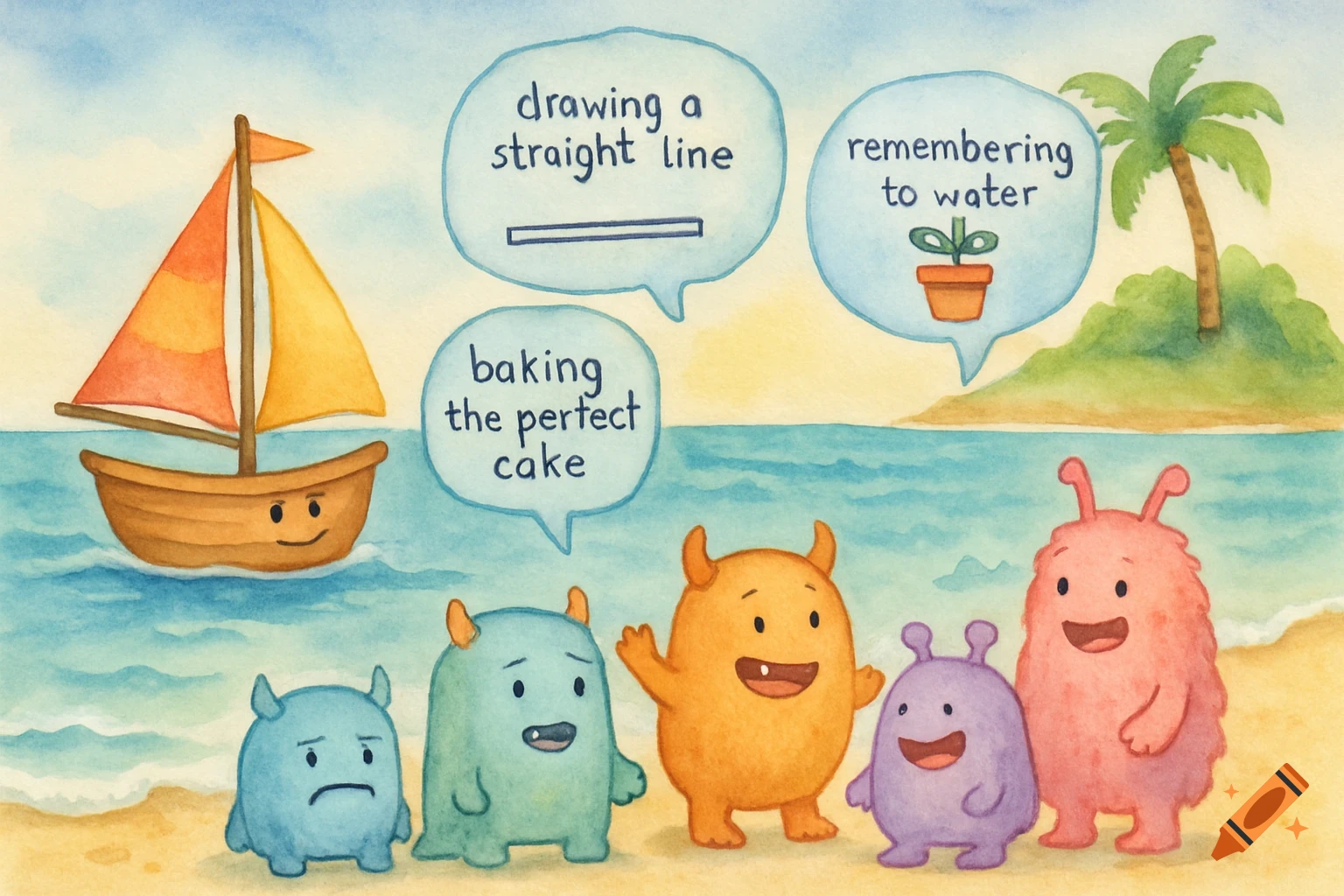 Watercolor illustration of cute cartoon monsters on a beach with a sailboat and island, with thought bubbles about anxieties.