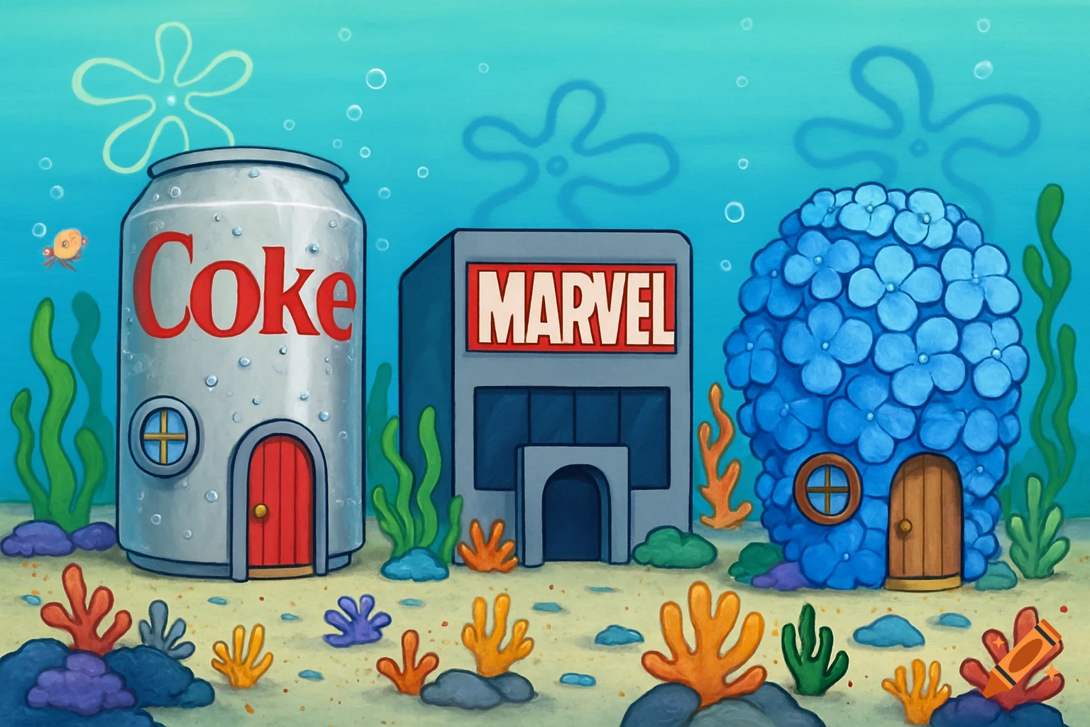 Underwater cartoon neighborhood with a giant Coke can house, a Marvel Studios building, and a blue hydrangea house on the seabed.