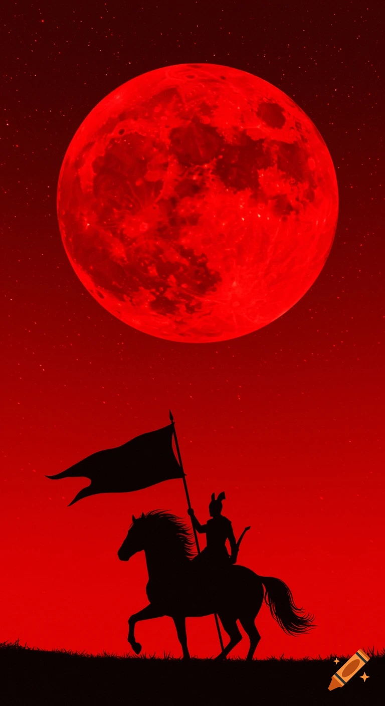 A heroic silhouette of a warrior on horseback holding a flag, set against a vibrant red moon and starry red sky.