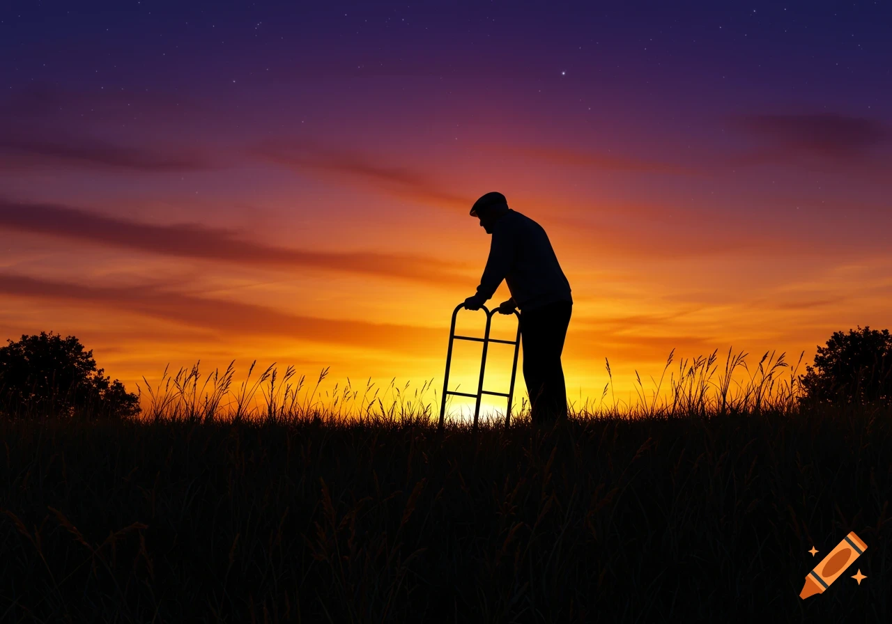 Silhouette of an elderly man with a walking frame standing in a field of tall grass against a vibrant sunset sky.