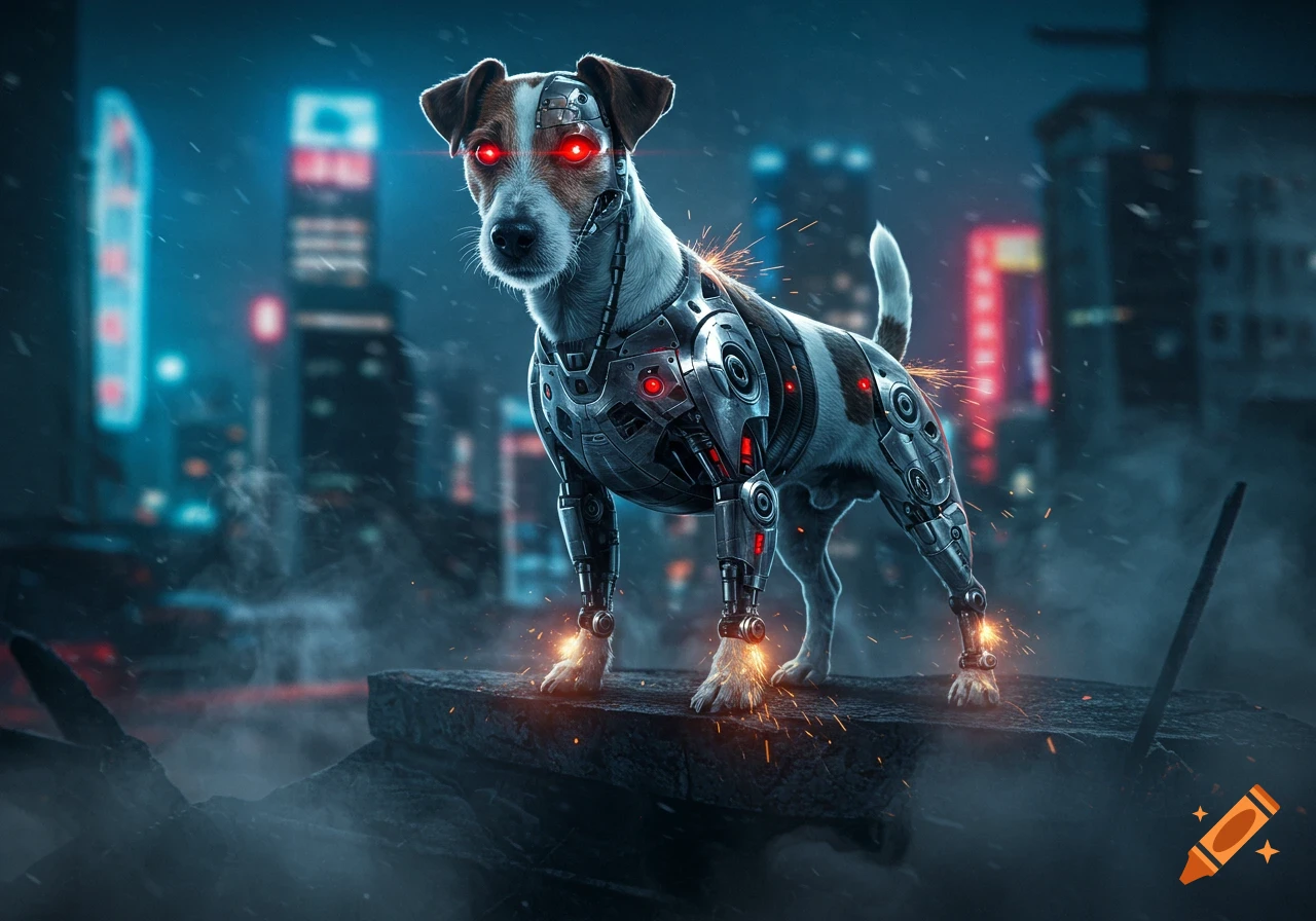 A photorealistic Jack Russell cyborg dog with glowing red eyes and metallic body parts stands on a dark, rainy cyberpunk city street with sparks.