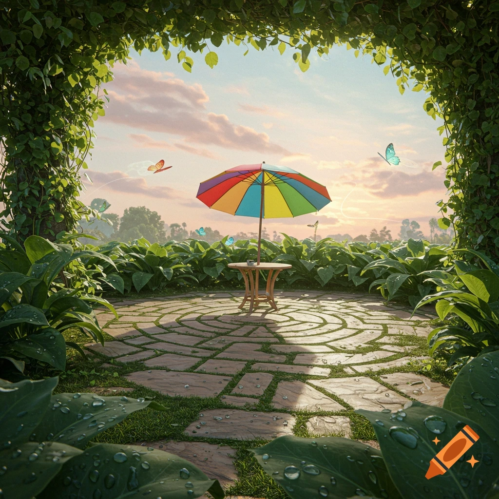 A serene garden patio with a rainbow umbrella over a small table, surrounded by lush green plants with water droplets, under a soft sky with butterflies.