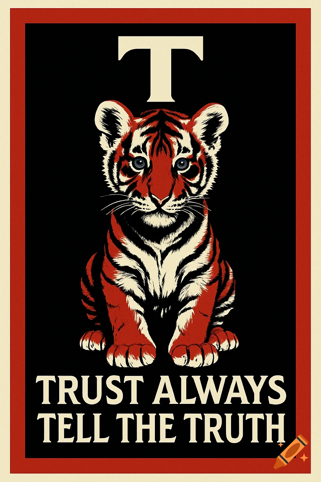A stylized poster featuring a sitting tiger cub in red, white, and black, with a large 'T' above and 'TRUST ALWAYS TELL THE TRUTH' below.