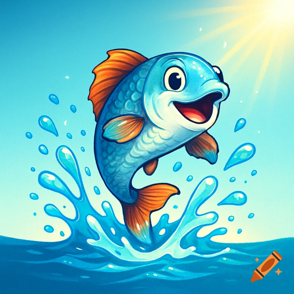 A happy blue cartoon fish with orange fins leaps out of blue water under a bright sun.