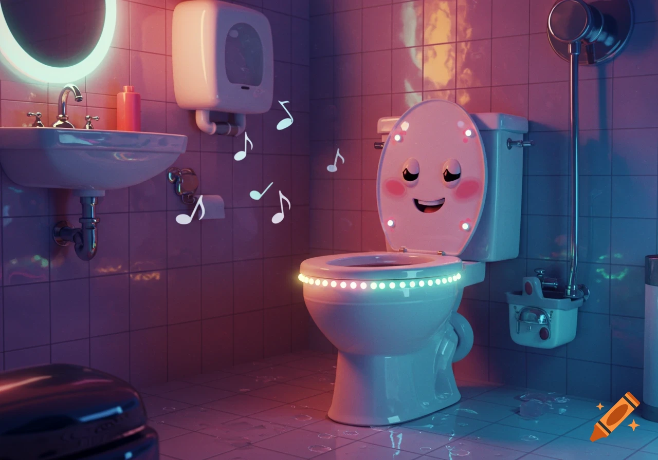 A cartoon toilet with a happy face and glowing lights sings musical notes in a purple-lit bathroom.