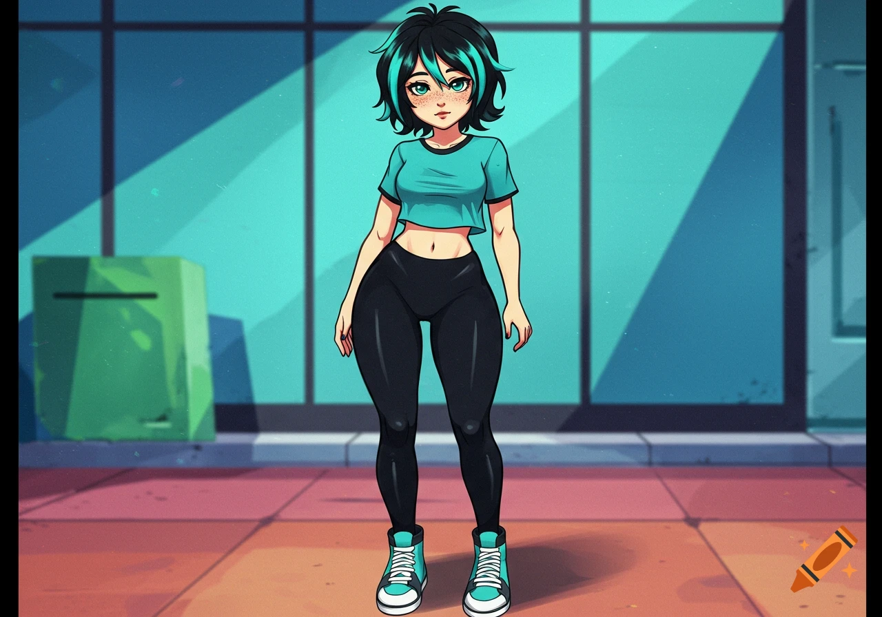 Anime-style girl with black and teal hair, teal crop top, black leggings, and sneakers, standing indoors.