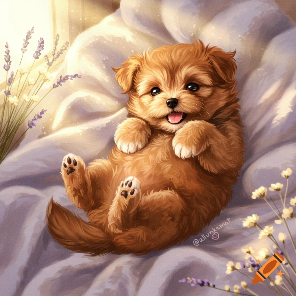 A fluffy brown puppy lies on its back on a white blanket surrounded by lavender flowers.