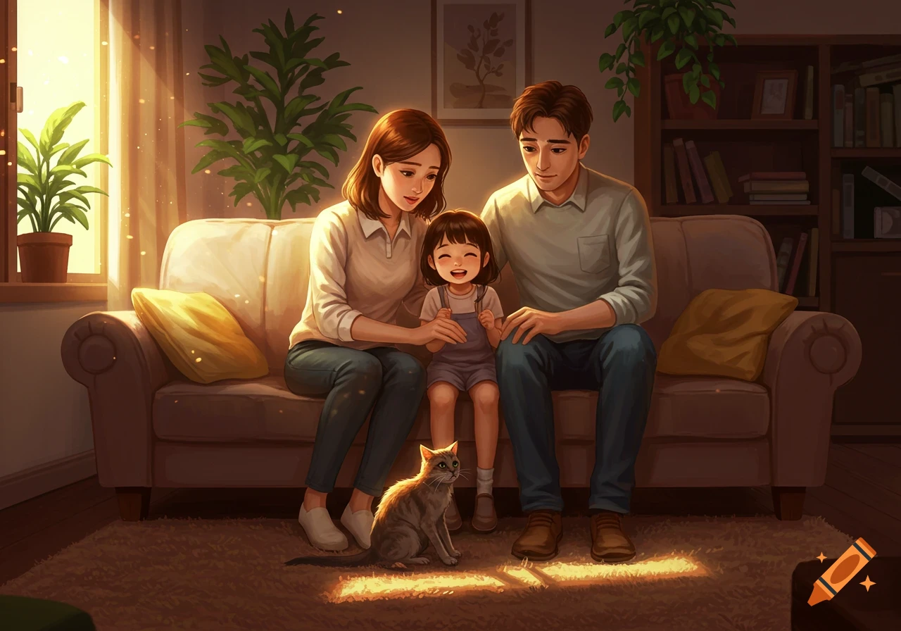 An anime-style image of a family of three, a mother, father, and young daughter, sitting on a couch with a cat on the rug. Sunlight streams into the cozy living room.