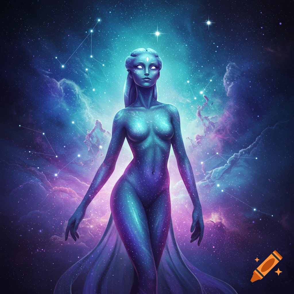 Luminous blue cosmic figure with stars and nebulae on her body, standing against a vibrant galaxy background.