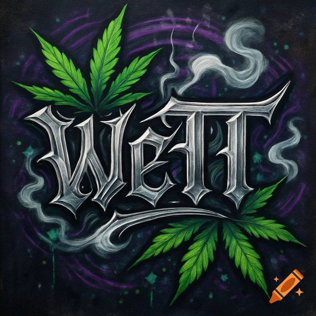 A dark, graffiti-style logo featuring the word 'WeTT' in metallic gothic font, with green marijuana leaves and white smoke against a swirling purple background.