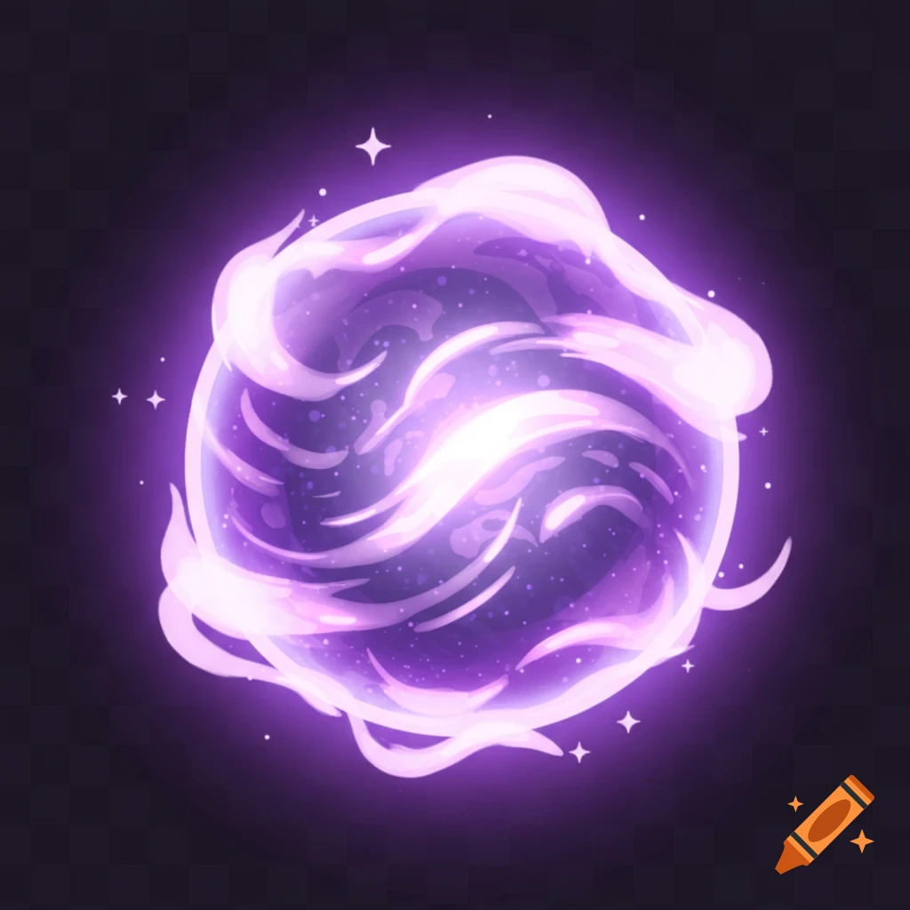 A glowing purple and white swirling energy orb with a magical aura and small stars on a transparent background, in an icon style.