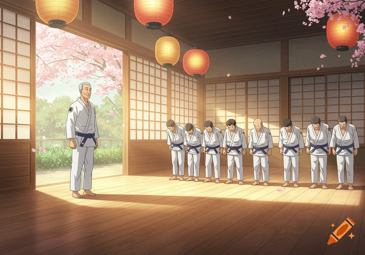 An anime-style image of a martial arts instructor watching students bow in a traditional Japanese dojo with cherry blossoms outside.