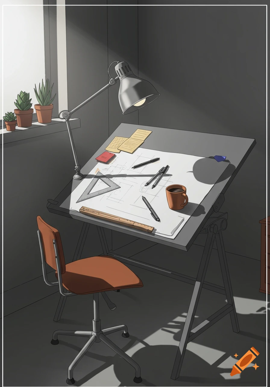 An illustrated drafting table in a dimly lit room, with drawing tools, a coffee mug, and potted plants by a window.