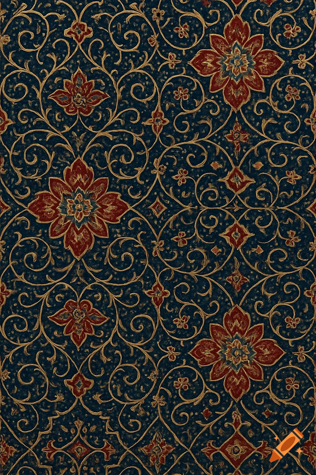A decorative pattern featuring gold swirling vines and red and blue stylized flowers on a dark blue background.