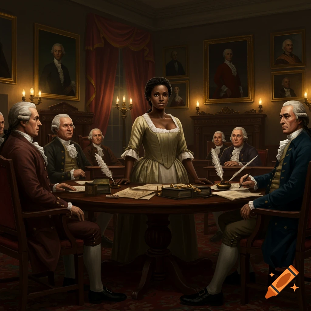 A Black woman in period dress stands at a table surrounded by men in colonial attire, resembling the American Founding Fathers, in a dimly lit, richly decorated historical room.