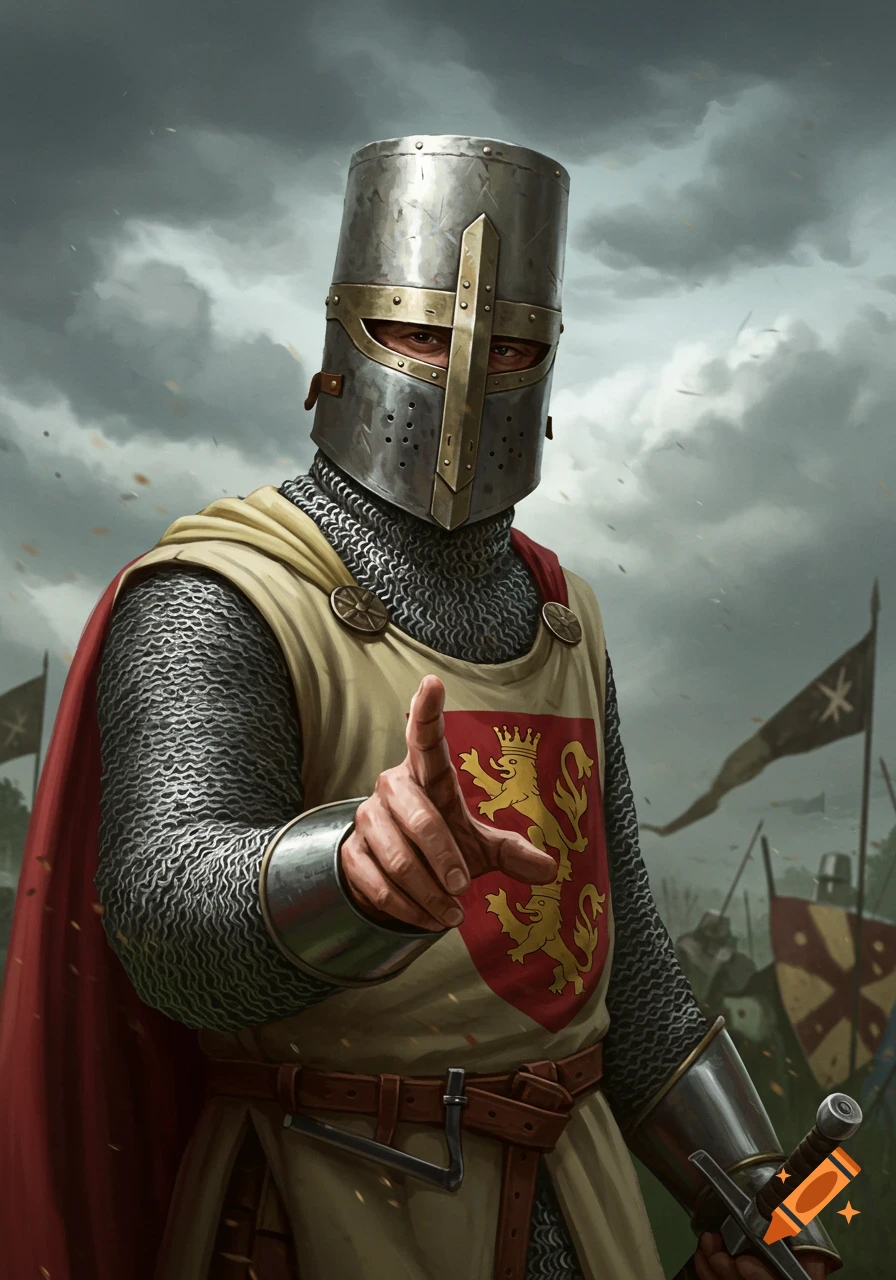 A detailed illustration of a 13th-century knight in full armor pointing directly at the viewer on a cloudy battlefield.