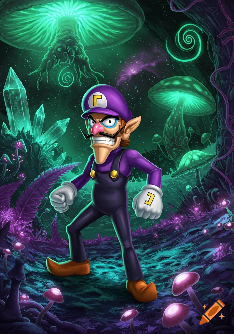 Waluigi stands in a vibrant, alien forest with glowing green mushrooms and crystals, in a stylized digital art rendering.