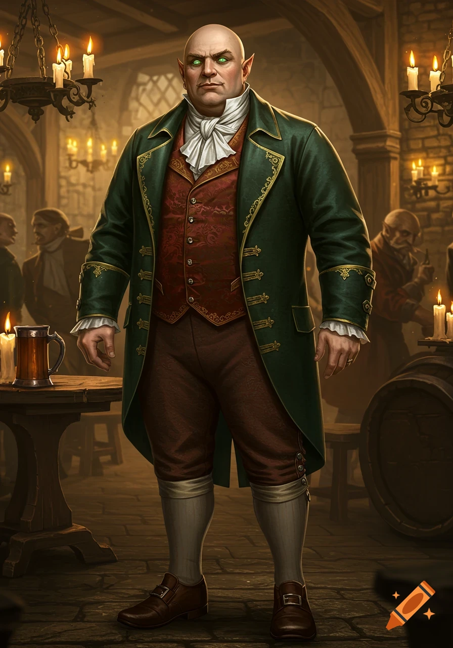 A bald nobleman with pointed ears and green eyes wearing a green tailcoat and red waistcoat stands in a dimly lit medieval fantasy tavern.