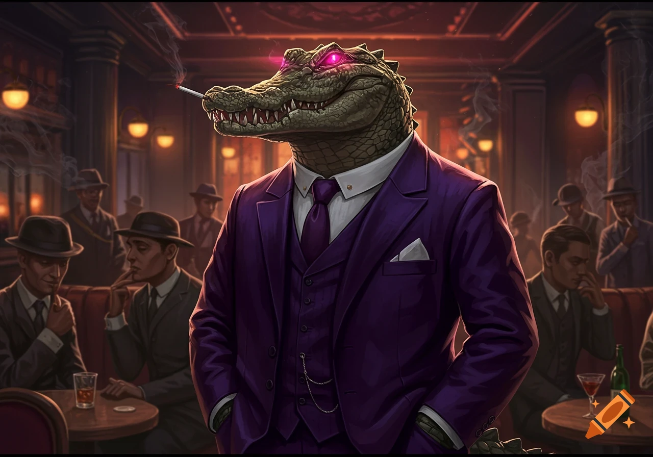 An anthropomorphic alligator in a purple suit smokes a cigarette in a dimly lit speakeasy, surrounded by other men in hats.