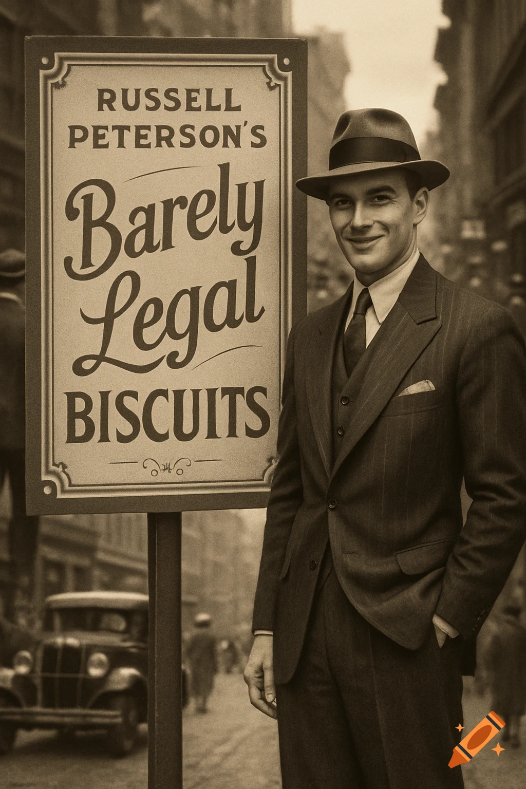 A sepia-toned image of a man in a pinstripe suit and fedora smiling next to a sign advertising 'Russell Peterson's Barely Legal Biscuits' on a city street.