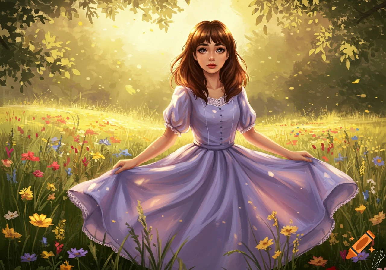 A girl with brown hair and bangs in a lavender dress stands in a vibrant flower field under a sunny sky in a digital painting.