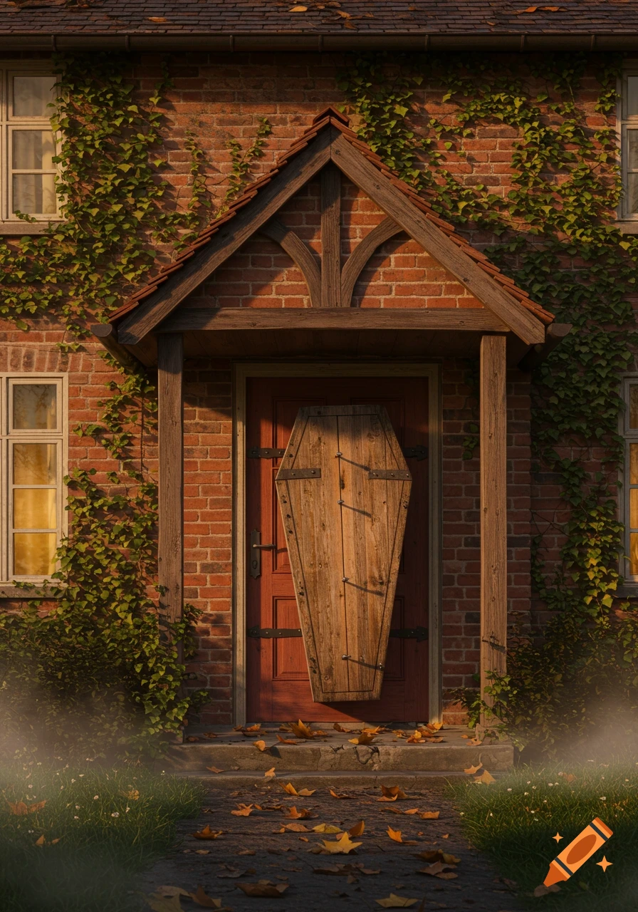 A wooden coffin is nailed to the red front door of a brick house covered in ivy, with autumn leaves scattered on the steps.