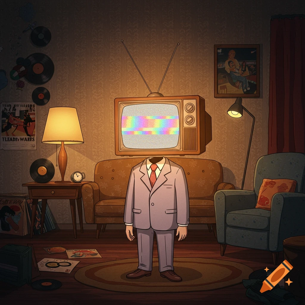 A cartoon man with a CRT TV head stands in a dimly lit, retro living room.