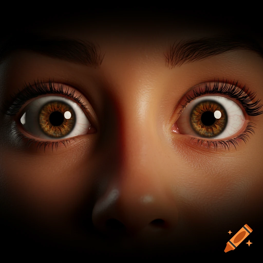 Extreme closeup of wide-open brown eyes with long eyelashes and eyebrows against a dark background.